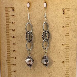 Handmade Pierced Earrings 3" Long Dangle Silver Grey Glass & Metal LA105